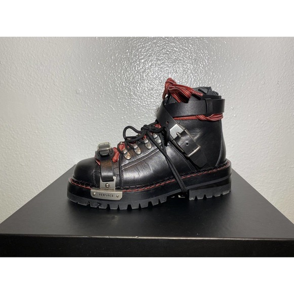 Versace Combat Ankle Boot 37.5 Black sz 7 Anfibio T.25 Vitello Nero Palladio - Picture 7 of 15